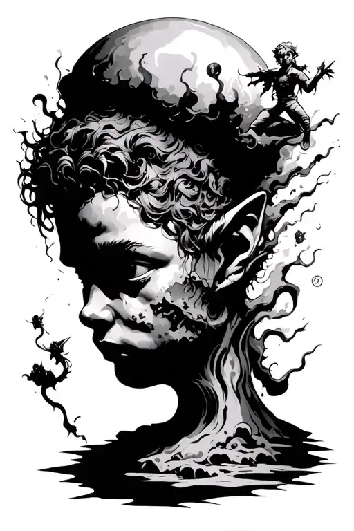 chaotic imaginary world with little elf coming out of a human head tattoo design idea
