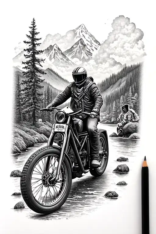Royal enfiled himalyan 411 bike and a helmet and mountain with a river and clouds&wolfs and a camara and rideing couple. tattoo design idea