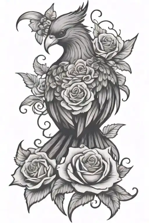phoenix bird with roses and butterflies tattoo design idea