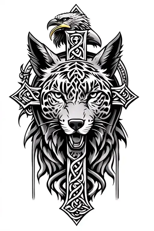 celtic cross with a wolf head on the right. An eagle head on the left and a jaguar on top. tattoo design idea
