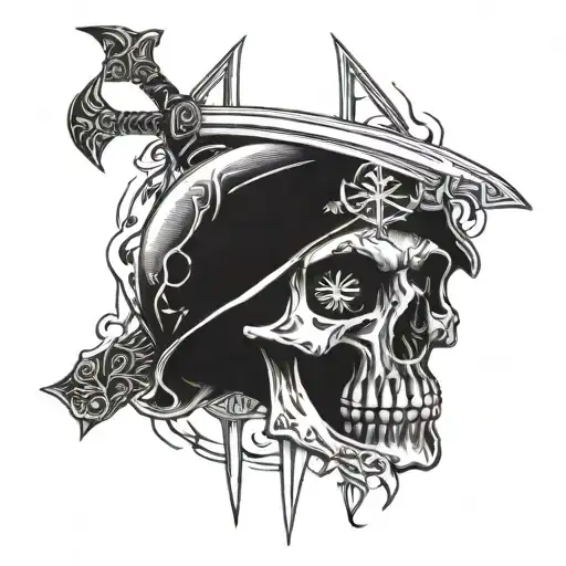 crossed swords behind skull with fire in background  tattoo design idea