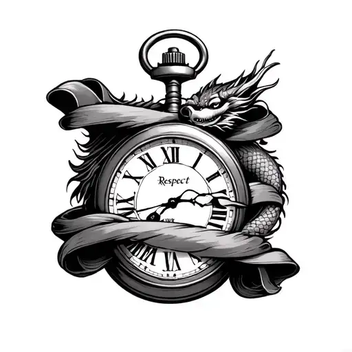 pocketwatch with a Japanese dragon wrapped with text saying respect the past create the future on a scroll  tattoo design idea