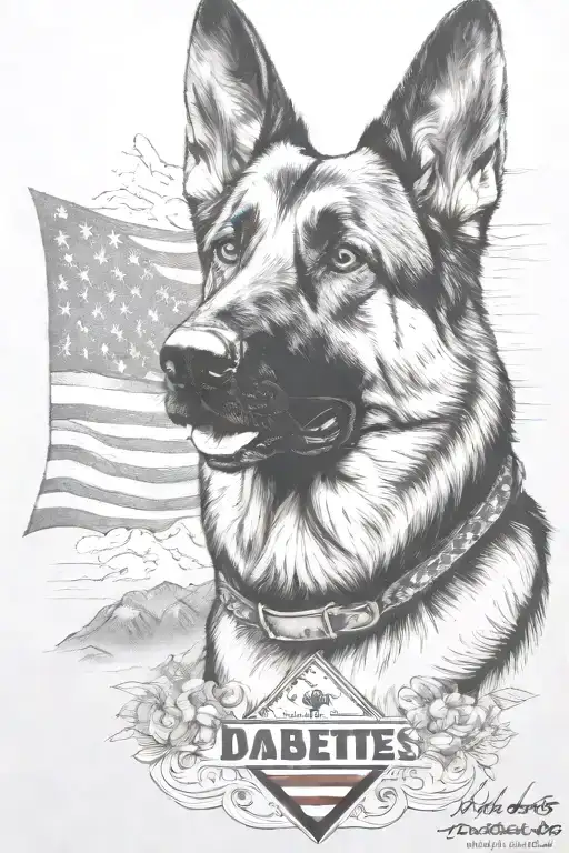 German shepherd portrait saying "diabetes" mountain scene American flag waving tattoo design idea