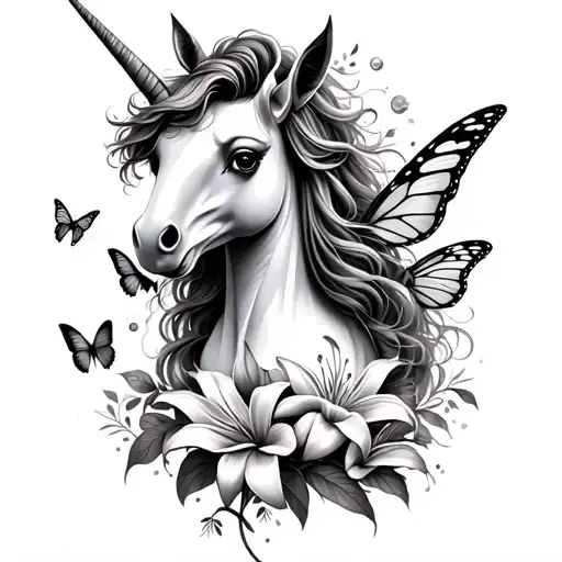 unicorn, fairy, lilies, butterfly, rainbow tattoo design idea