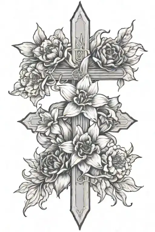 daffodil narcissus calendula carnation flowers intertwined with a cross tattoo design idea