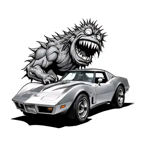 76 Corvette with a monster hanging out the top ratfink cartoon style  tattoo design idea