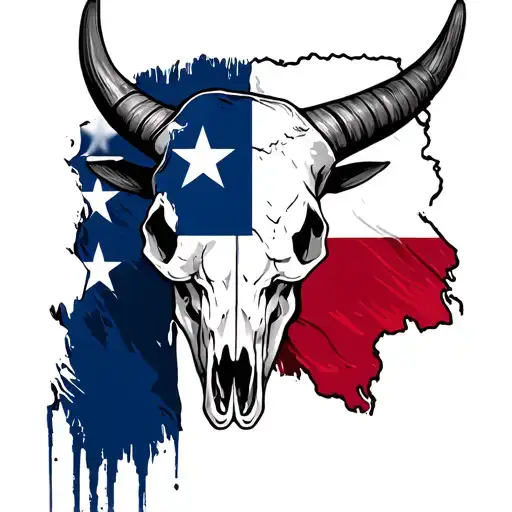 texas long horn bull skull with flag morphing tattoo design idea