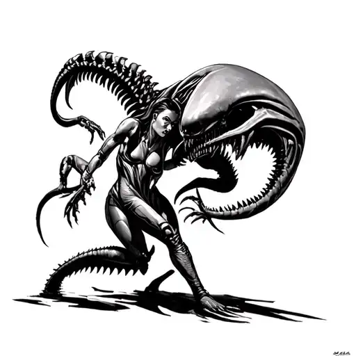 rhea Ripley battling a xenomorph tattoo design idea