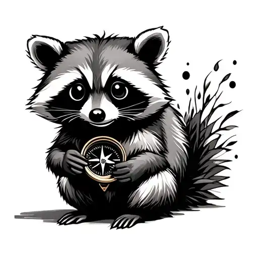 cute racoon sitting holding a compass tattoo design idea