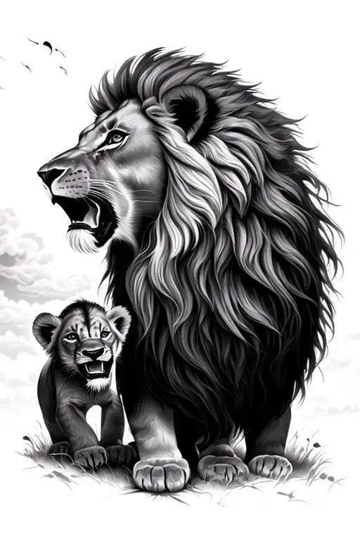 compus, lion, lion cubs 1 howling, storm clouds tattoo design idea