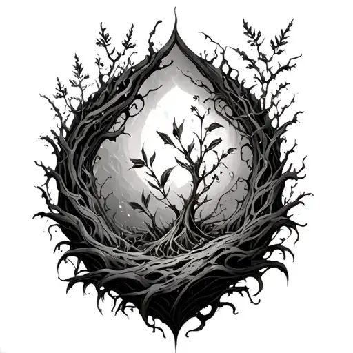 plants moss and vines growing into a cyber sidgal cross tattoo design idea