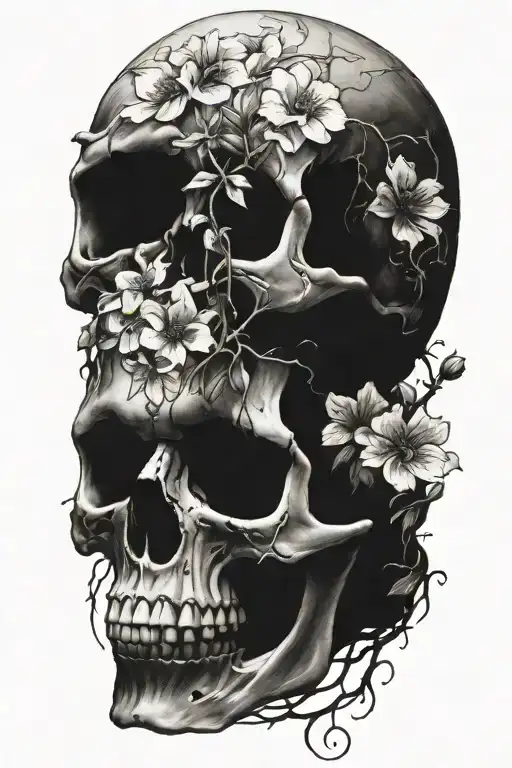 flowers growing out of a decaying skull tattoo design idea