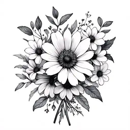 December, March, July, February, October, May birth flower boquet tattoo design idea