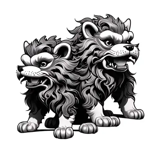 male and female chinese foo dog sleeve tattoo tattoo design idea