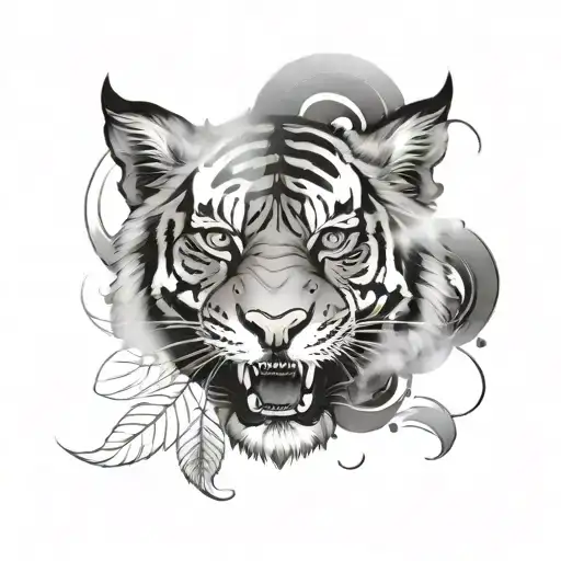 half tiger face surrounded tattoo design idea