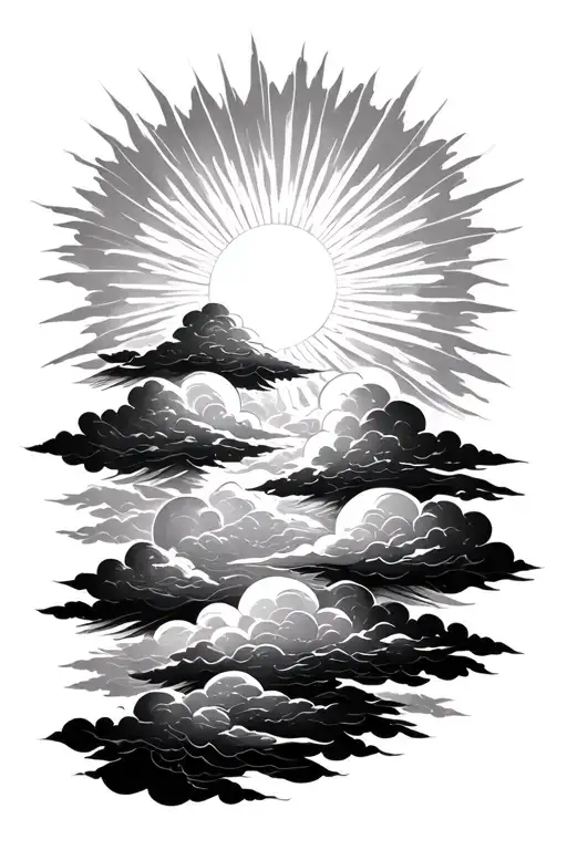 clouds with sun rays tattoo design idea
