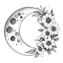Waxing Gibbous and waxing crescent moon phase with cosmos flower petals tattoo design idea