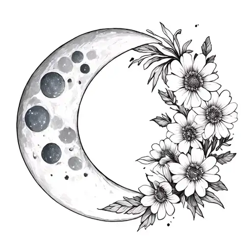 Waxing Gibbous and waxing crescent moon phase with cosmos flower petals tattoo design idea