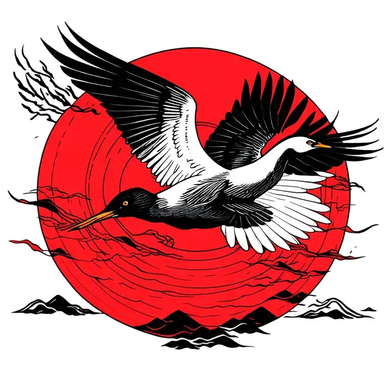 Japanese, flying crane, red sun, fine lines tattoo design idea