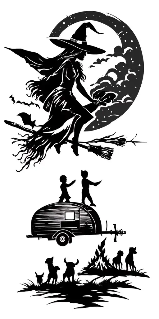 silhouette of sexy witch flying on broomstick over a campsite with a trailer and campfire with 3 boy children & 2 dogs  tattoo design idea