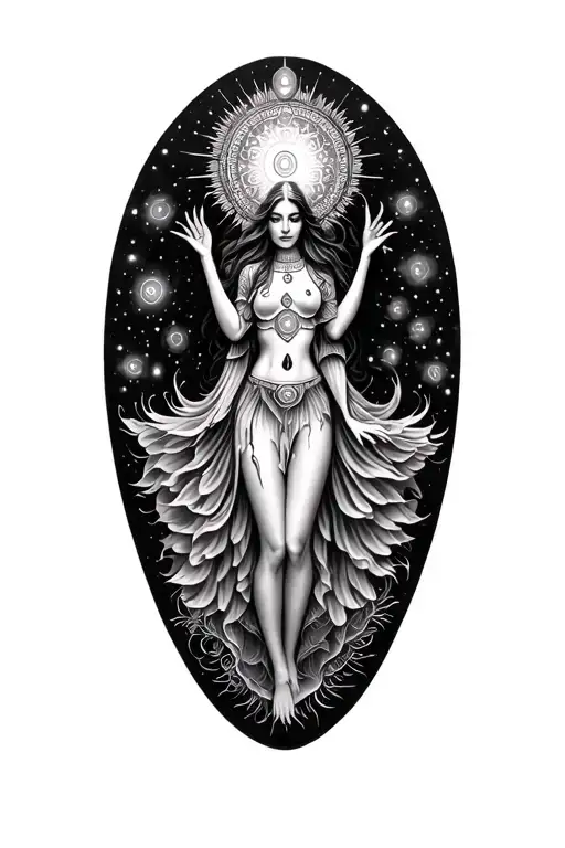 spiritual Woman with with all 7 sanskirt chakras radiating light tattoo design idea
