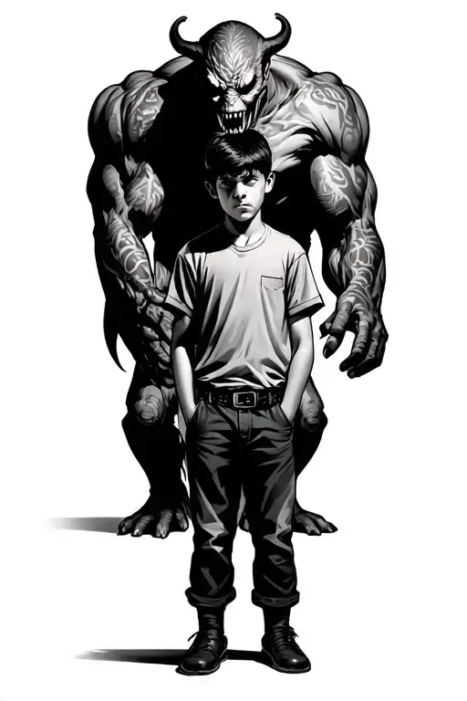 A Boy Standing in clothes With a giant Scary Demon standing behind him tattoo design idea