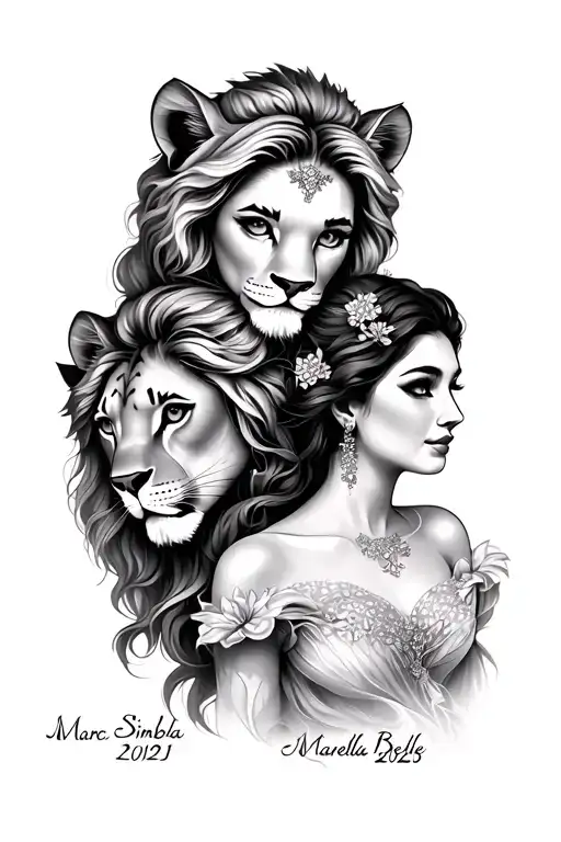 Tattoo with 3 names and year of birth, Marc 2019, Marie 2021 and Mariella 2025, Figure-Simba, Marie and Belle tattoo design idea