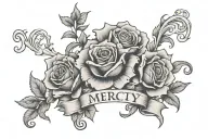 "My Mercy Prevails over my Wrath" in old English dont with roses on each side tattoo design idea