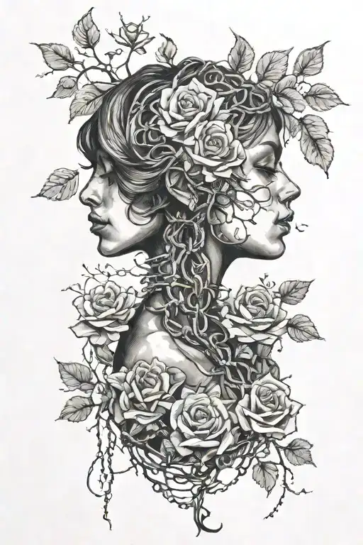 Silhouette of a girl with short hair, naked chest, anatomically correct body, roots growing out of chains, roses tattoo design idea