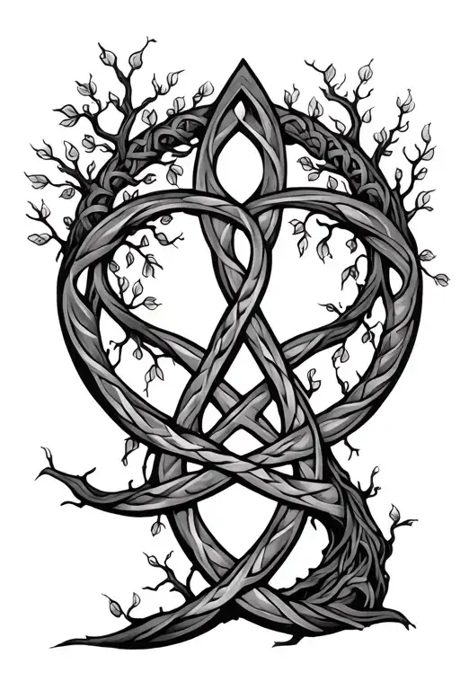line art celtic trinity knot intertwined with tree of life tattoo design idea