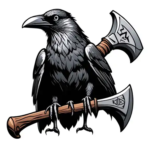 Crow holding an axe and hammer ingraved with Runes tattoo design idea