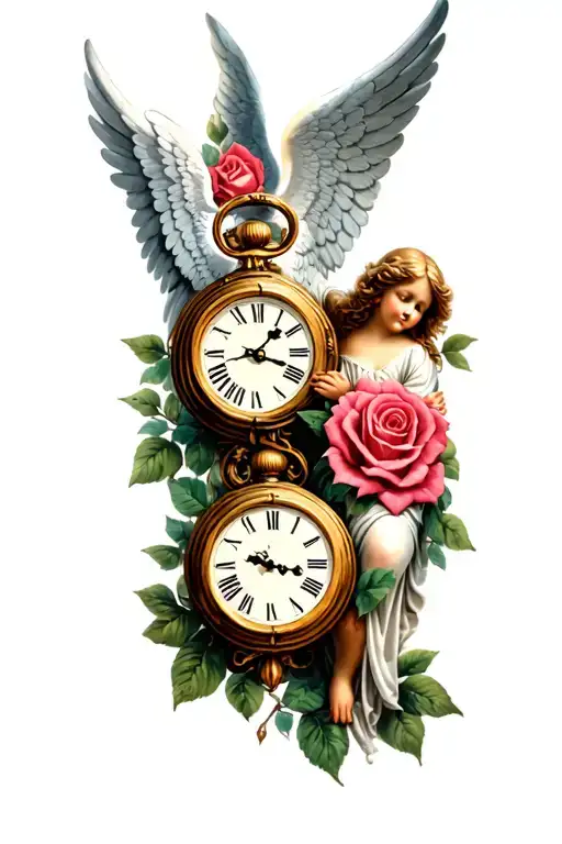 Two clocks with angel with wings roses tattoo design idea