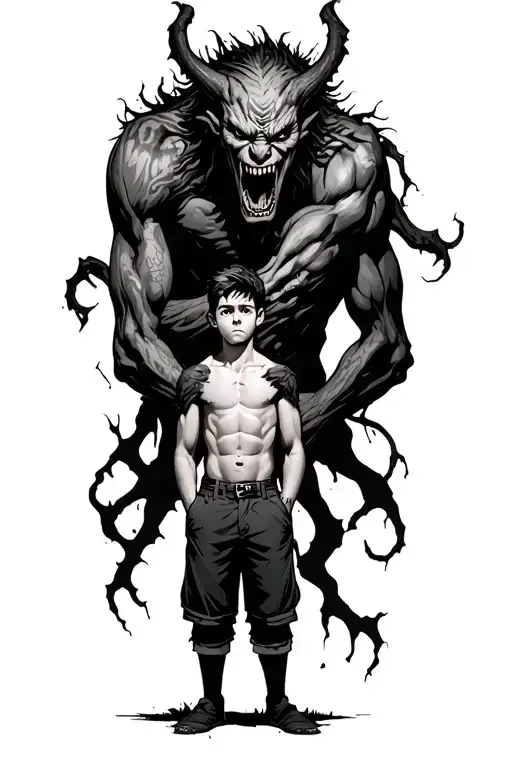 a boy standing with a scary demon towering behind wrapped around him tattoo design idea