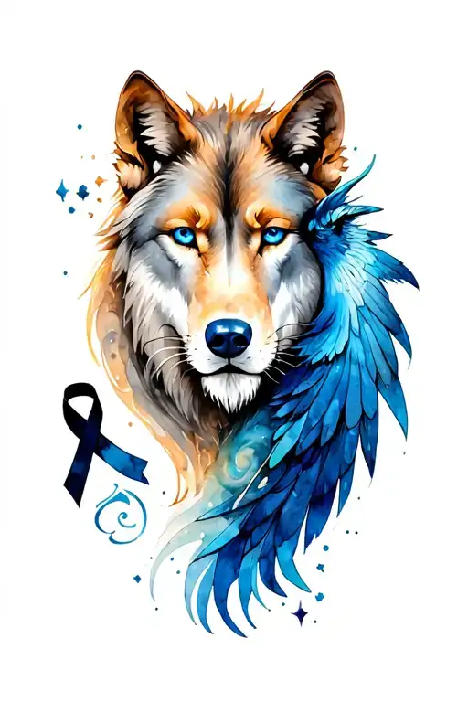 A shoulder tattoo of a blue phoenix, a wolf with blue eyes, a black cancer ribbon and a lion with blue eyes tattoo design idea