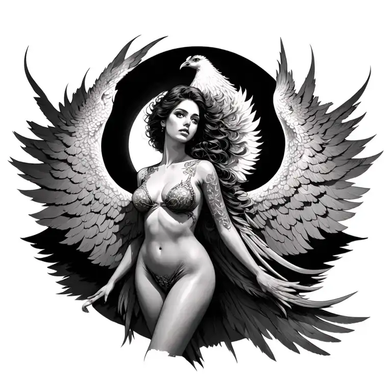 beautiful woman with full body, feminine curves, facing forward with face lifted to the sky tranforming into a phoenix tattoo design idea