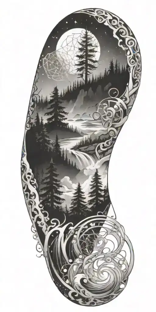 flowing waves, surrounded by a mystical forest scene, with subtle elements of sacred geometry and glowing stars in b&w tattoo design idea