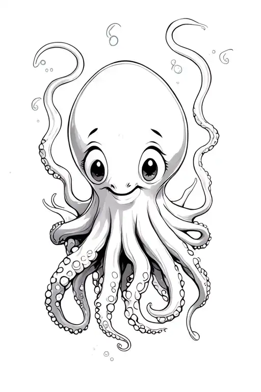 A detailed black-and-white underwater scene featuring a friendly octopus with a big, cheerful smile. tattoo design idea