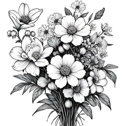 Fineline flower bouquet with the flowers Snowtrop, Carnation, Daffodil, Cherry Blossom, Lilly of Valley and Hawthorne Klein tattoo design idea