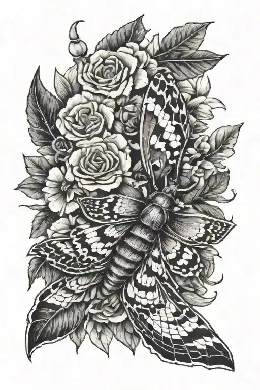 flowers, deaths head moth, snakes tattoo design idea
