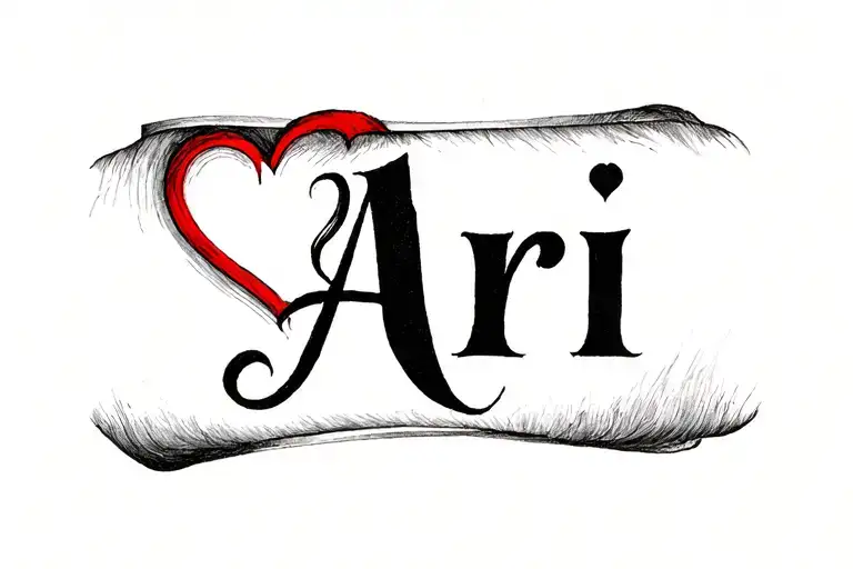running writing of the word "Ari" with a red outline heart next to it. small tattoo to go horizontally on arm tattoo design idea