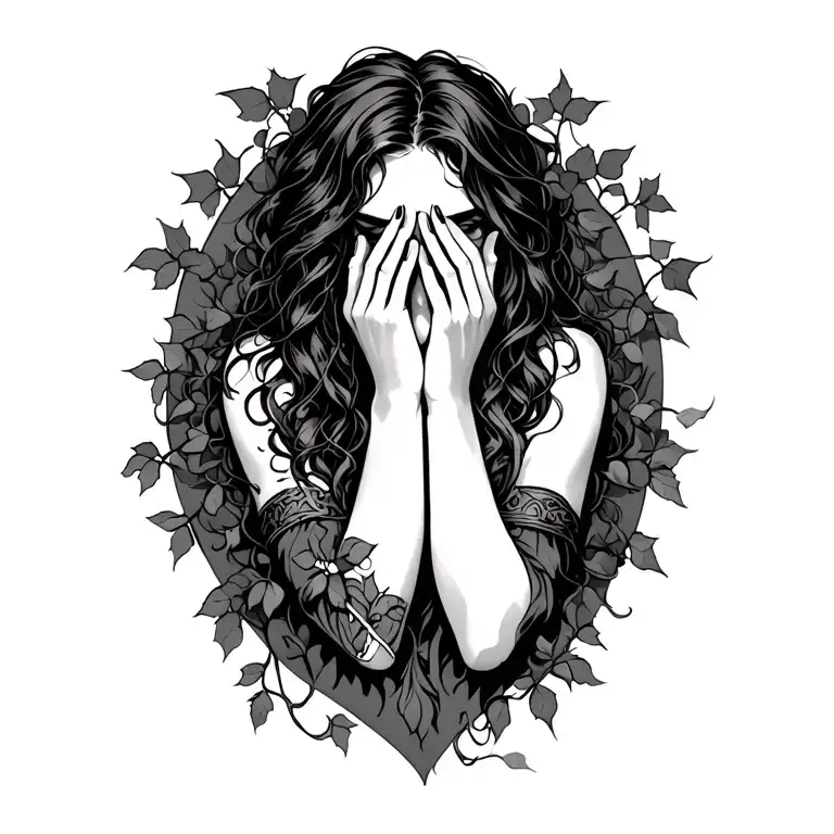 banshee covering her face with her hands with ivy vines in the background  tattoo design idea