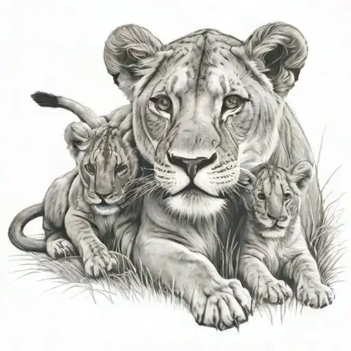 lioness plus 3 cubs playing in a field tattoo design idea