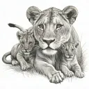 lioness plus 3 cubs playing in a field tattoo design idea