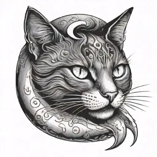 A cat with white eyes holds a crescent moon in its teeth tattoo design idea
