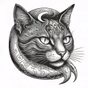 A cat with white eyes holds a crescent moon in its teeth tattoo design idea