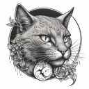 A cat with white eyes holds a crescent moon in its teeth tattoo design idea