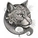 A cat with white eyes holds a crescent moon in its teeth tattoo design idea