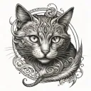 A cat with white eyes holds a crescent moon in its teeth tattoo design idea