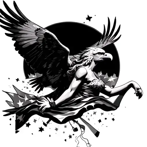 bald eagle hovering above reaching down and  ripping off lady libertys American flag dress  tattoo design idea
