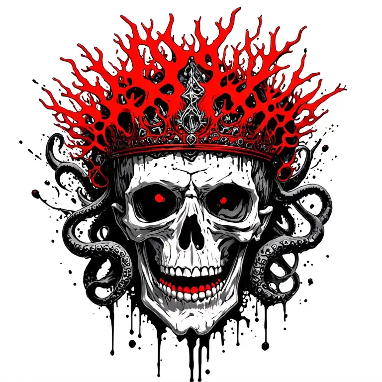 King Of Bones With A Coral Crown, Hades 2 Style, Eldritch, Tentacles, Lovecraftian, Deep Sea tattoo design idea